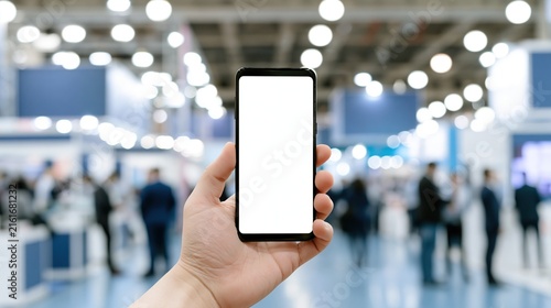 Human hand holding modern smartphone with blank white screen display area