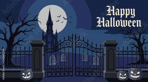 Happy halloween pixel art greeting card featuring a spooky cemetery gate with a full moon and carved pumpkins