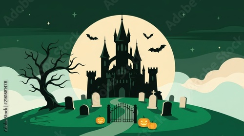 Spooky haunted castle on a hill with a graveyard and full moon for halloween night