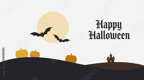 Happy halloween greeting card design with flying bats, glowing moon, orange pumpkins and a spooky haunted house