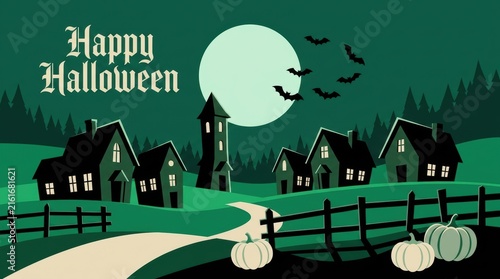 Happy halloween greeting card with a spooky village landscape featuring a full moon, bats, and pumpkins in the night