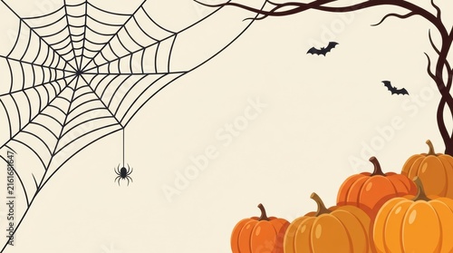 Orange pumpkins with spider web and bats for a scary halloween party invitation background design