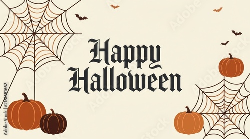 Happy halloween greeting card design with pumpkins and spider webs