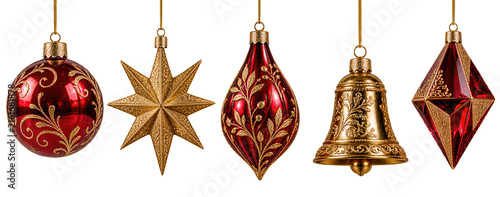 Elegant red Christmas ornaments suspended on thin threads, a ball, a star, and a bell with a gold pattern, isolated on a transparent background. A set of luxurious holiday decorations.