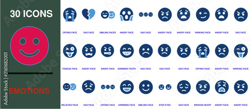 Emotions set featuring various facial expressions and mood symbols in blue and pink color palette.