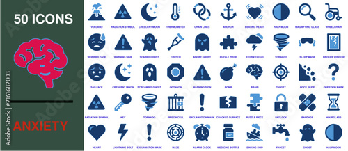 Anxiety brain icon is showcased inside a comprehensive vector package of psychological condition signs.