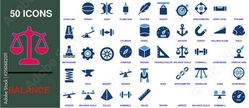 Balance scale icon is featured prominently in a comprehensive vector set of symbols and graphic elements.
