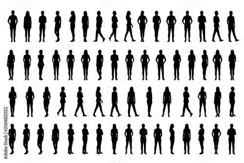 Vector silhouettes men and women, illustration. Silhouettes of young people posing in casual clothes. JPEG version.