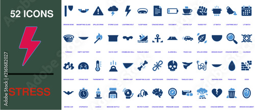 Icons set featuring fifty two stress related symbols and blue glyphs arranged in rows on a dark background.