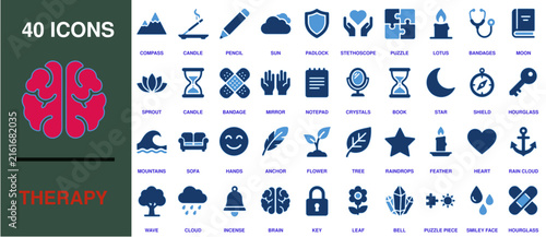 Therapy icons set featuring forty blue vector symbols for mental health, psychology, and wellness on a clean white background.