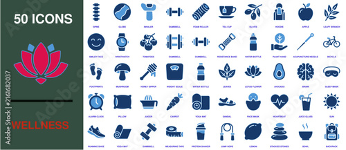 Wellness icon set showcasing fifty blue health and lifestyle vector symbols arranged systematically on a white background.