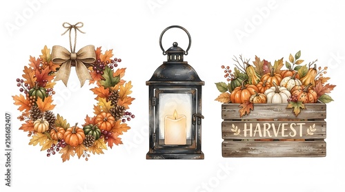 Watercolor autumn harvest set featuring a festive fall wreath a black decorative candle lantern and a wooden crate filled with seasonal pumpkins and foliage