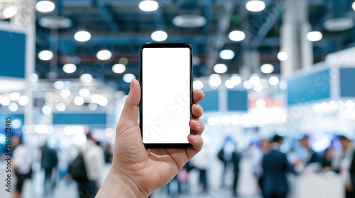 Hand holding modern blank smartphone with white screen for mockup