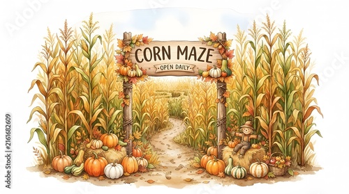 A festive watercolor illustration of a rustic corn maze entrance decorated with orange pumpkins and autumn foliage for a seasonal fall farm attraction