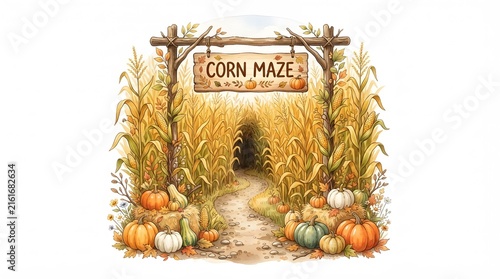 A beautiful watercolor illustration of a festive corn maze entrance decorated with autumn pumpkins and dried stalks for a seasonal fall harvest festival