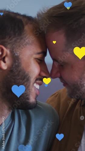 Animation of heart icons over diverse gay couple embracing