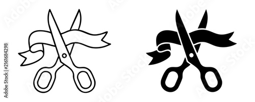 Grand opening scissors cutting ribbon icon outline and solid black symbol for event launch celebration.