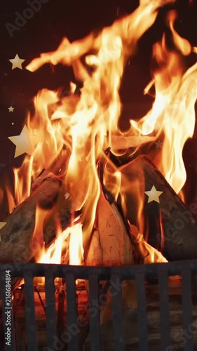 Animation of stars over flames in fireplace