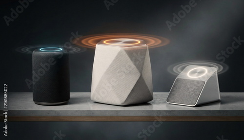 Three smart speakers with fabric grills, glowing voice rings, and acoustic halos in graphite, white, and silver finishes
