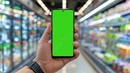 Hand holding modern smartphone with bright green chroma key screen