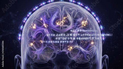 Transparent head cutaway with cortical signal activity, neural pathways, electrode halo, and language glyph ribbons for brain to text decoding.