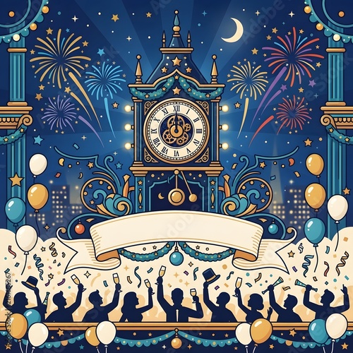 A festive crowd celebrates the new year with fireworks and confetti in front of a majestic clock tower under a starry night sky