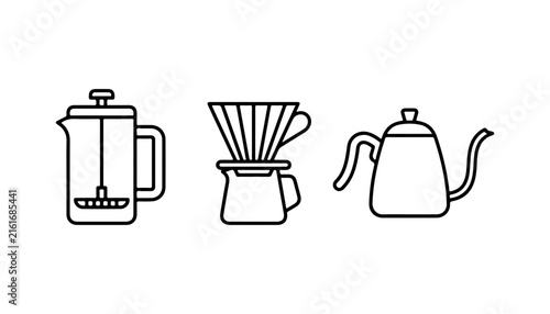 Obraz na płótnie Coffee brewing equipment line art featuring french press pour over and gooseneck