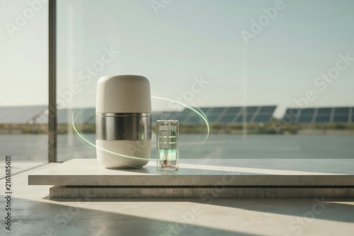 White cylindrical appliance with metallic band near window overlooking solar