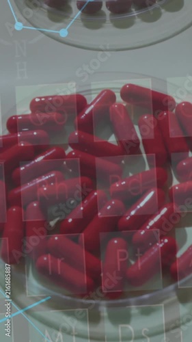 Animation of dna strand and chemical formula over pills on white background