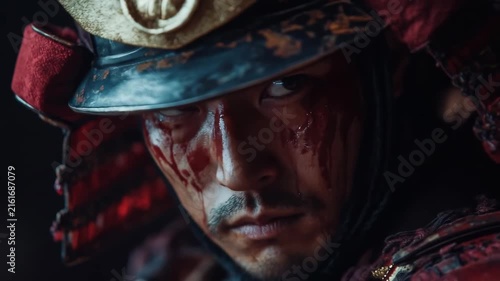 Portrait of intense young adult East Asian man in bloody samurai armor.