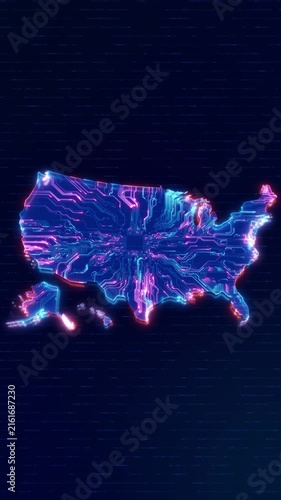 Neon USA map is built glowing circuit paths around a central processor wide copy space. AI infrastructure, semiconductor technology, computing, cyber security and national innovation videos.