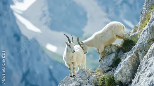 Two white mountain goats standing on a steep cliff in the alpine mountains.
