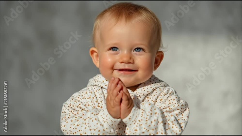 A happy Caucasian baby with blue eyes claps hands while wearing a white patterned sweatshirt in a minimalist studio setting.