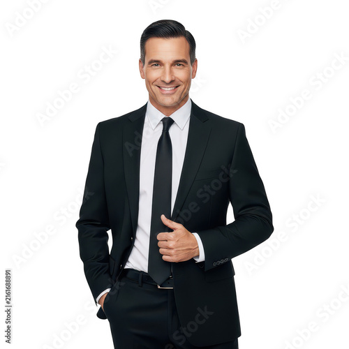 Confident businessman in a black suit smiling at the camera isolated on transparent background