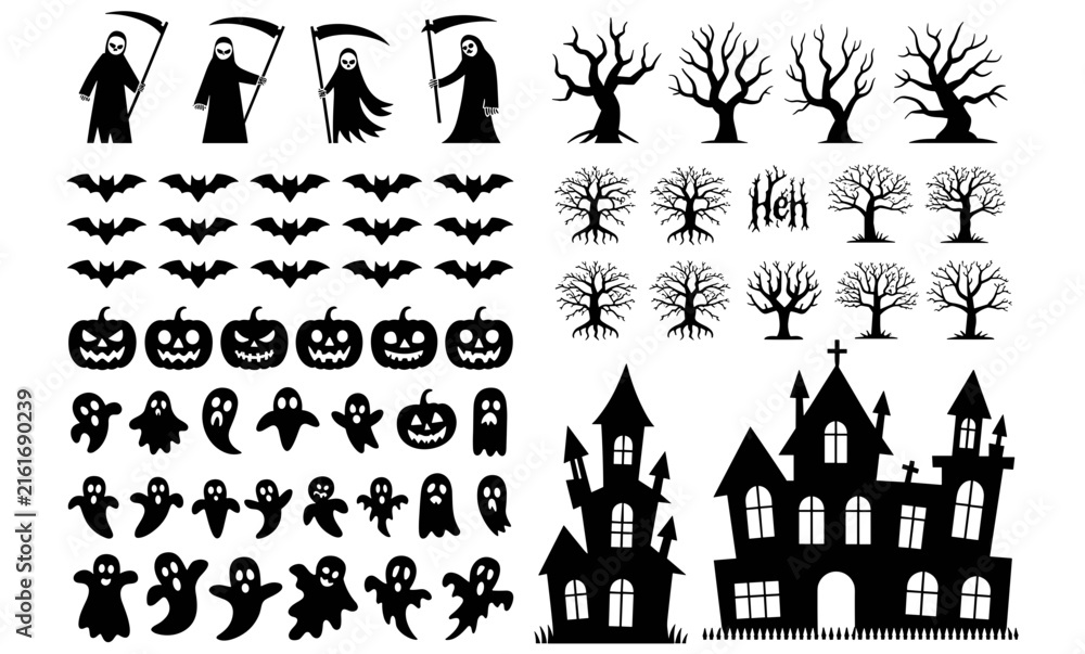 Fototapeta premium A collection of various halloween themed including a haunted house, a witch hat, a broomstick, a full moon, spiders, spider webs, bats, and a carved jack o lantern pumpkin