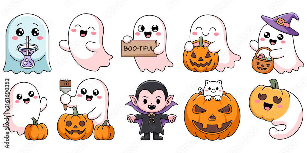 Fototapeta premium A set of adorable cartoon halloween ghosts, a vampire, and pumpkins, featuring a cat, a witch hat, and a boba tea drink, isolated on a white background
