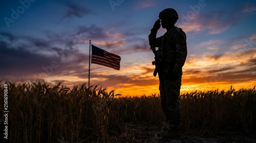 Silhouette of a soldier saluting the american flag in a wheat field at sunset