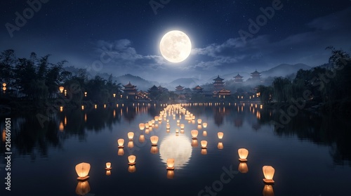 Cinematic Mid-Autumn Festival night scene with glowing lanterns floating above a calm lake toward a luminous full moon, creating a peaceful atmosphere of tradition and reunion.
