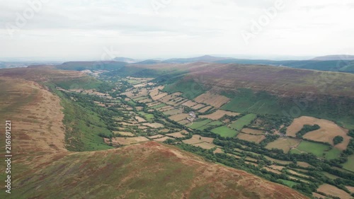 Amazing aerial view of Capel-y-ffin and Llanthony near Black Mountain, famous hiking location in Abergavenny, South Wales of UK.