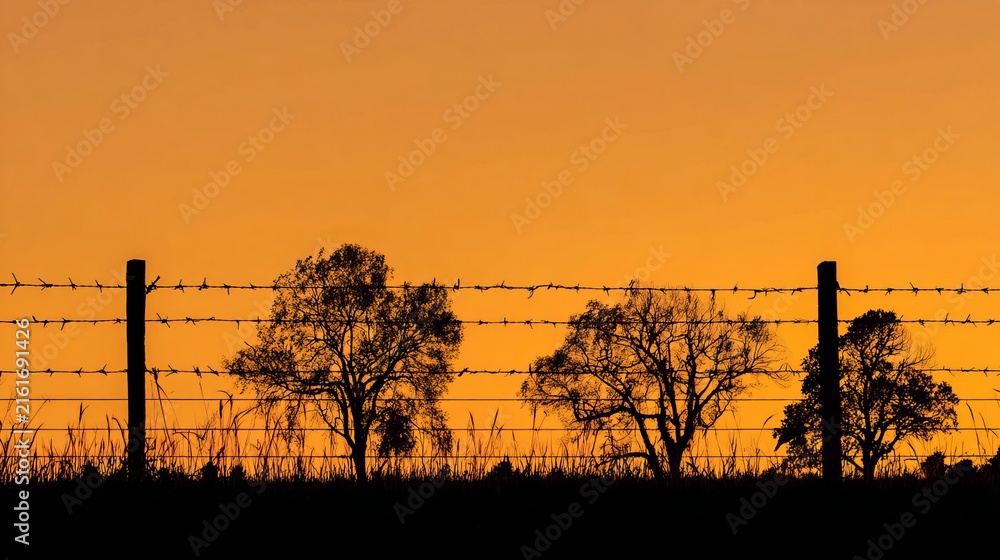 Obraz premium Silhouetted barbed wire fence standing before several barren trees set against a vibrant glowing orange golden hour sunset sky background