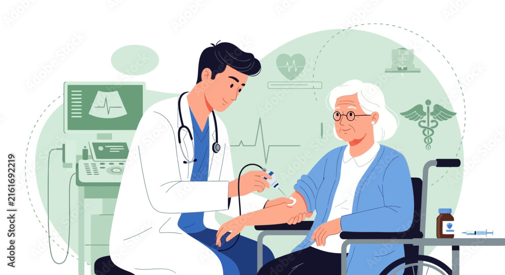 Obraz premium Medical Professional Providing Elderly Patient Assistance via Injection Procedure In Clinic