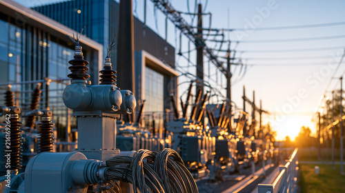 Modern industrial complex featuring a sleek contemporary factory building beside an extensive outdoor electrical substation with rows of grey transformers and coiled cabling under a bright