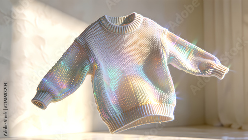 A soft white knitted sweater with a magical holographic shimmering effect floating in a bright room.
