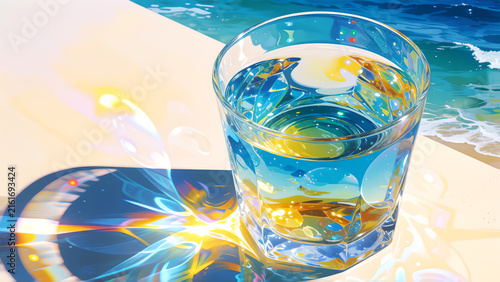 A refreshing blue cocktail glass casting vibrant light refractions on a sunny beach surface.