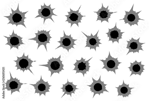 Foto Bullet Holes Vector Set Cracked Metal Gunshot Damage Impacts for Crime War Milit