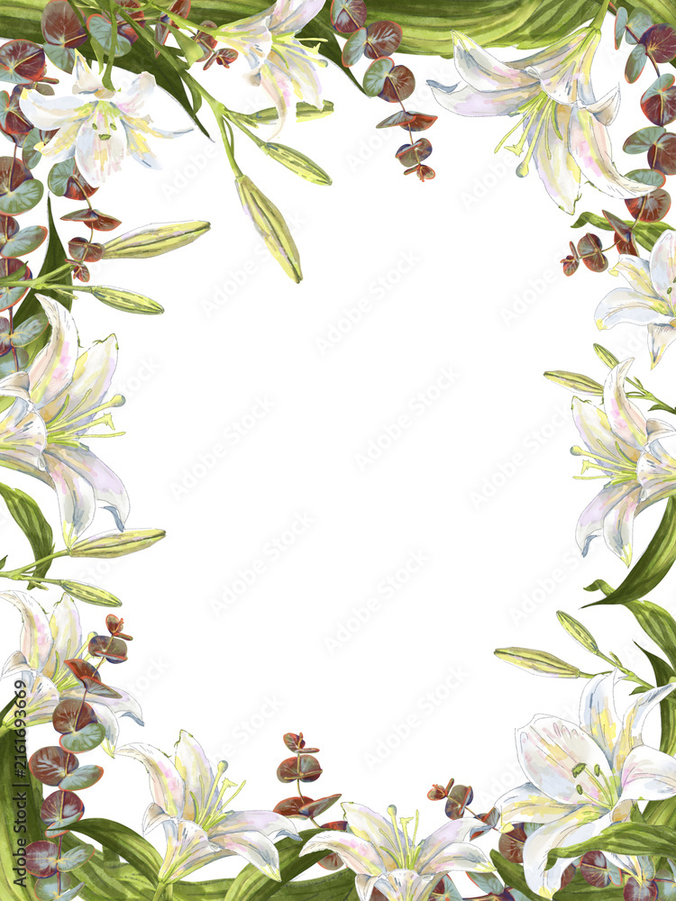 Fototapeta premium Delicate watercolor lily frame with eucalyptus greenery for elegant wedding invitations, bridal shower cards and spring photo borders