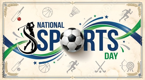 a high-resolution horizontal National Sports Day poster with a clean vintage cream textured background
