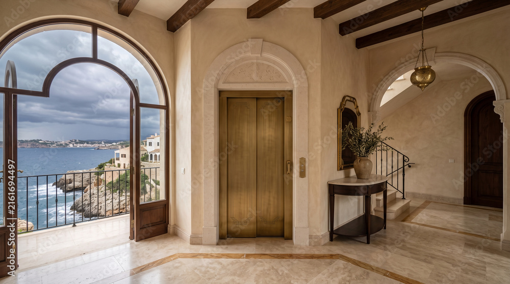 Fototapeta premium Interior view of elegant hotel lobby with brass elevator and balcony view