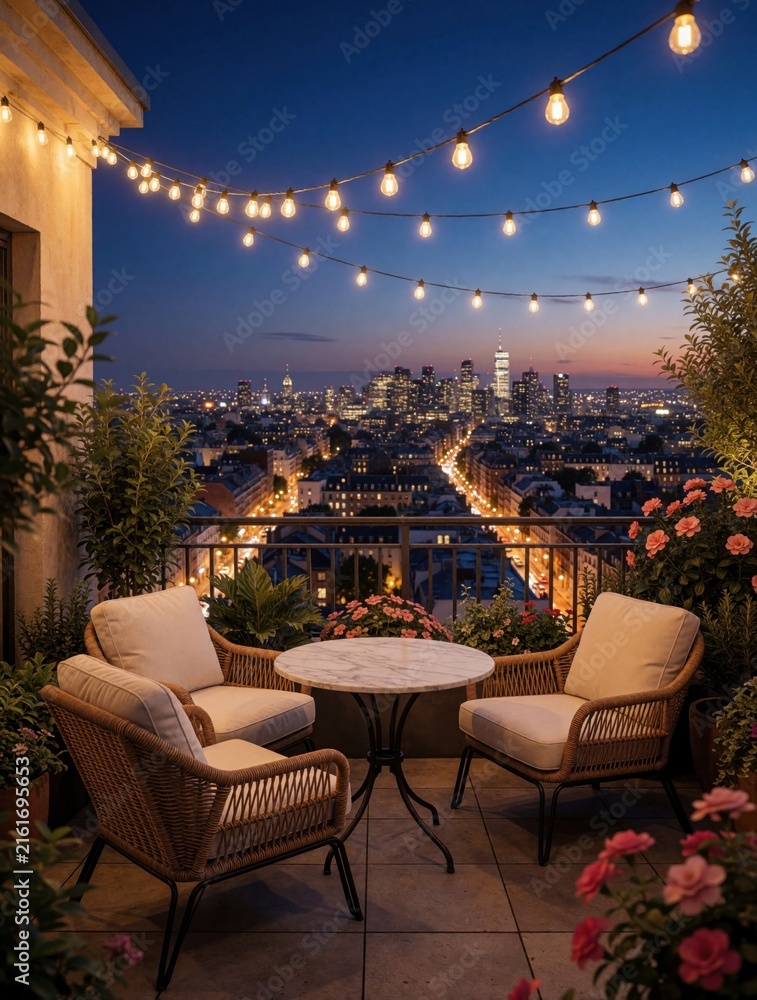 Fototapeta premium Cozy rooftop terrace with wicker chairs, marble table at dusk. String lights hang above patio seating overlooking urban city skyline. Modern balcony with green plants, flowers offers relaxing view of