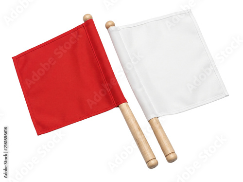 Red flag white flag set with wooden poles isolated on black background for signal decision warning surrender communication referee competition sports metaphor icon isolated banner template design elem